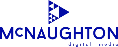 McNaughton Digital Media logo with icon of blue and white triangles making a larger triangle on top