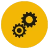 Simple icon of two gears with interlocking cogs to represent technical seo